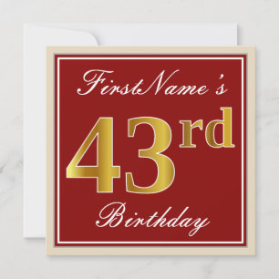 Elegant, Red, Faux Gold 43rd Birthday; Custom Name Invitation
