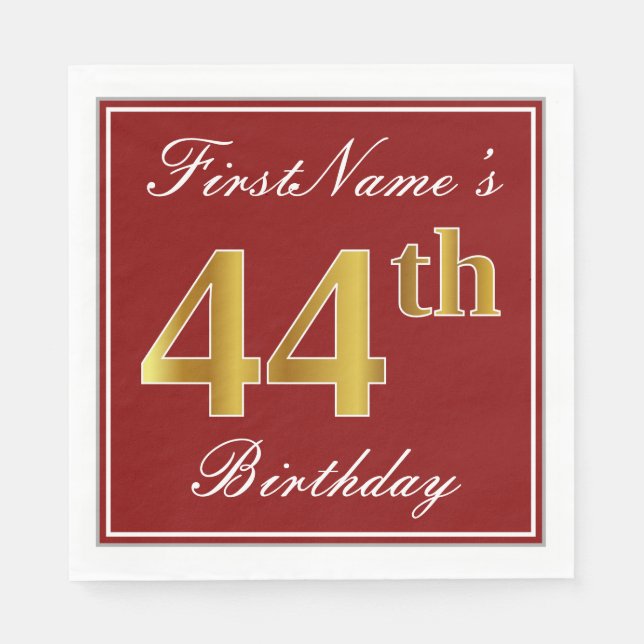 Elegant Red, Faux Gold 44th Birthday + Custom Name Napkin (Front)