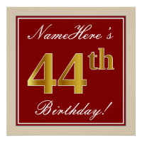 Elegant, Red, Faux Gold 44th Birthday; Custom Name
