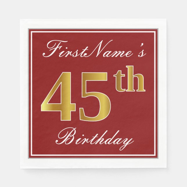 Elegant Red, Faux Gold 45th Birthday + Custom Name Napkin (Front)