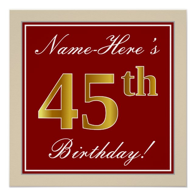 Elegant, Red, Faux Gold 45th Birthday; Custom Name Poster (Front)