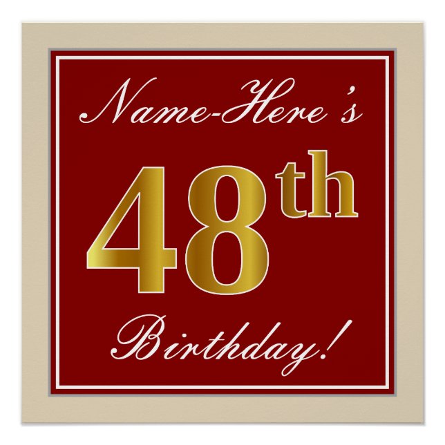 Elegant, Red, Faux Gold 48th Birthday; Custom Name Poster (Front)