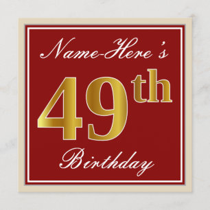 Elegant, Red, Faux Gold 49th Birthday; Custom Name Invitation