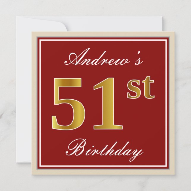 Elegant, Red, Faux Gold 51st Birthday; Custom Name Invitation (Front)