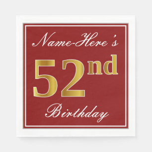 Elegant Red, Faux Gold 52nd Birthday + Custom Name Napkin