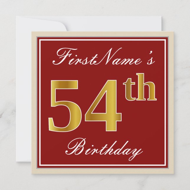 Elegant, Red, Faux Gold 54th Birthday; Custom Name Invitation (Front)