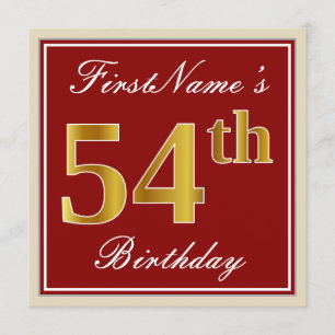 Elegant, Red, Faux Gold 54th Birthday; Custom Name Invitation