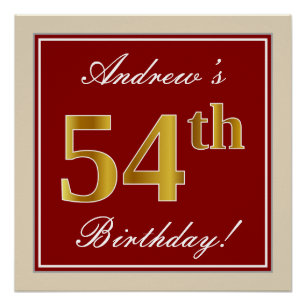 Elegant, Red, Faux Gold 54th Birthday; Custom Name Poster