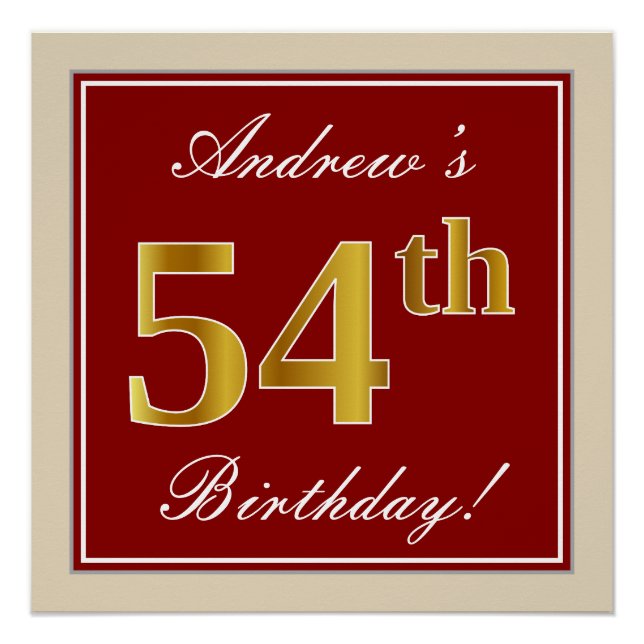 Elegant, Red, Faux Gold 54th Birthday; Custom Name Poster (Front)