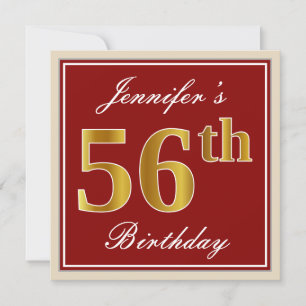 Elegant, Red, Faux Gold 56th Birthday; Custom Name Invitation
