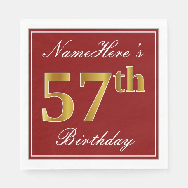 Elegant Red, Faux Gold 57th Birthday + Custom Name Napkin (Front)