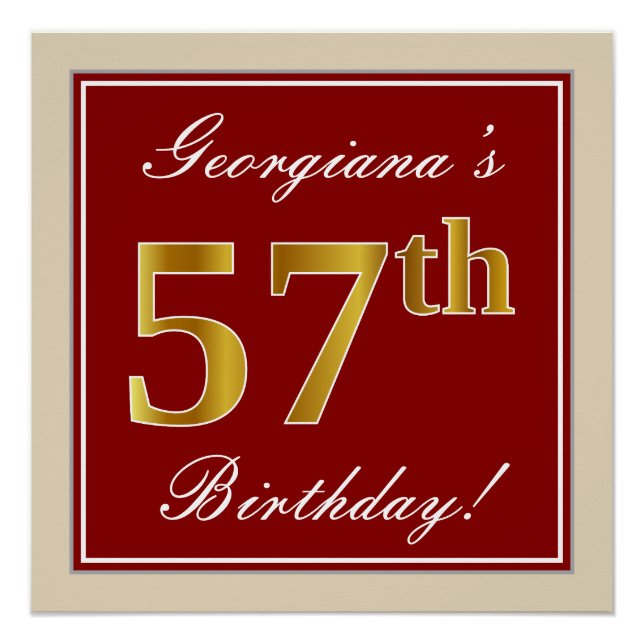 Elegant, Red, Faux Gold 57th Birthday; Custom Name Poster (Front)