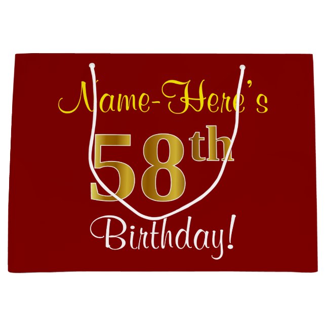 Elegant, Red, Faux Gold 58th Birthday; Custom Name Large Gift Bag (Front)