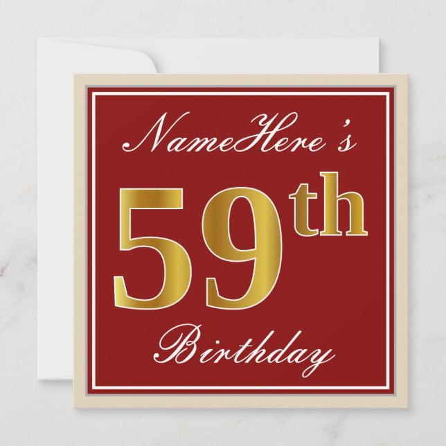 Elegant, Red, Faux Gold 59th Birthday; Custom Name Invitation (Front)