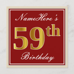 Elegant, Red, Faux Gold 59th Birthday; Custom Name Invitation
