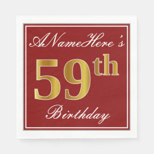 Elegant Red, Faux Gold 59th Birthday + Custom Name Napkin