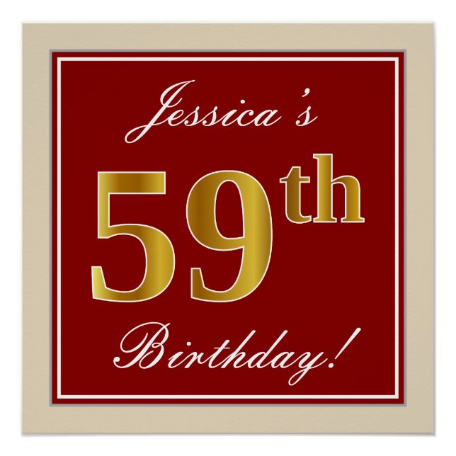 Elegant, Red, Faux Gold 59th Birthday; Custom Name Poster (Front)