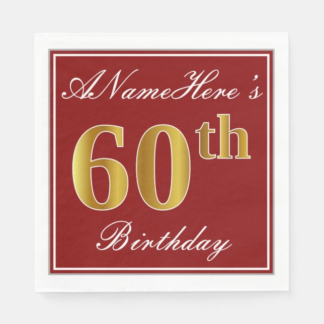 Elegant Red, Faux Gold 60th Birthday + Custom Name Napkin (Front)
