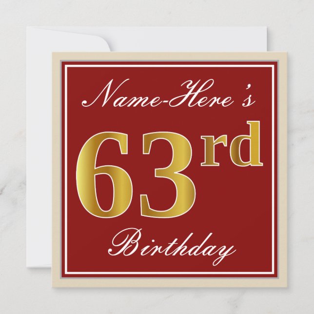 Elegant, Red, Faux Gold 63rd Birthday; Custom Name Invitation (Front)