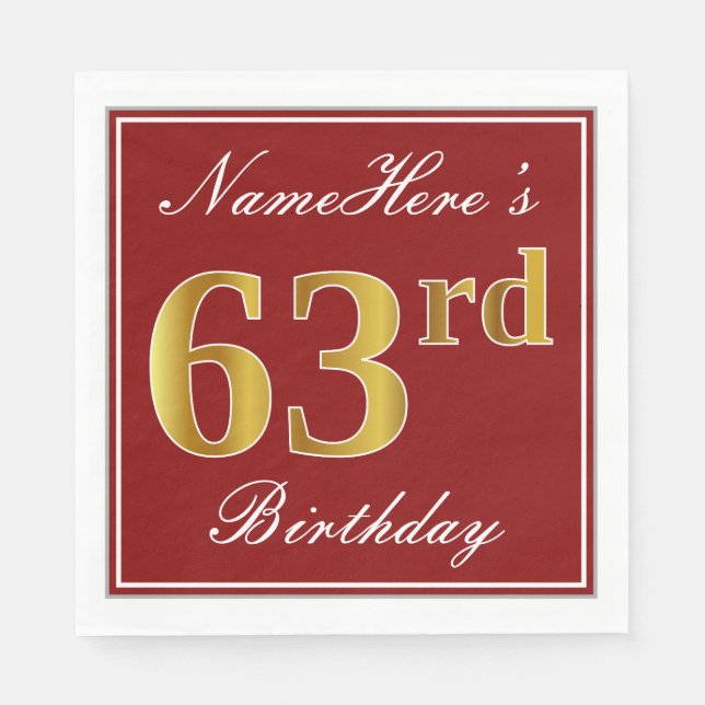 Elegant Red, Faux Gold 63rd Birthday + Custom Name Napkin (Front)