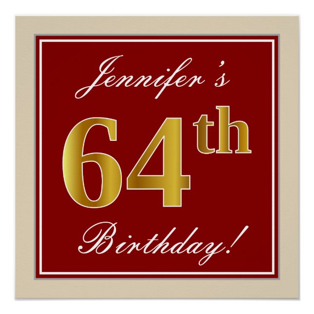 Elegant, Red, Faux Gold 64th Birthday; Custom Name Poster (Front)