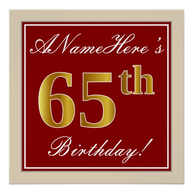 Elegant, Red, Faux Gold 65th Birthday; Custom Name Poster (Front)