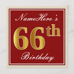 Elegant, Red, Faux Gold 66th Birthday; Custom Name Invitation