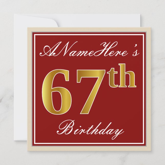 Elegant, Red, Faux Gold 67th Birthday; Custom Name Invitation (Front)
