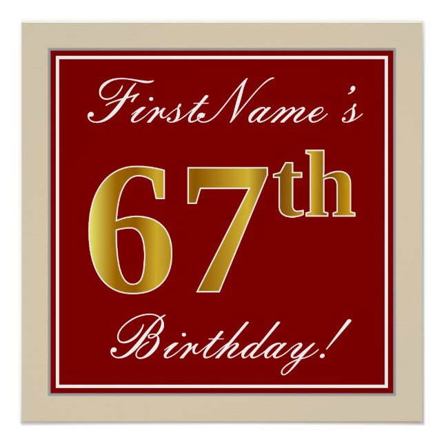 Elegant, Red, Faux Gold 67th Birthday; Custom Name Poster (Front)