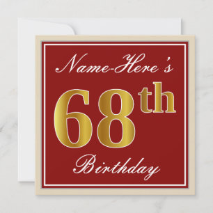 Elegant, Red, Faux Gold 68th Birthday; Custom Name Invitation