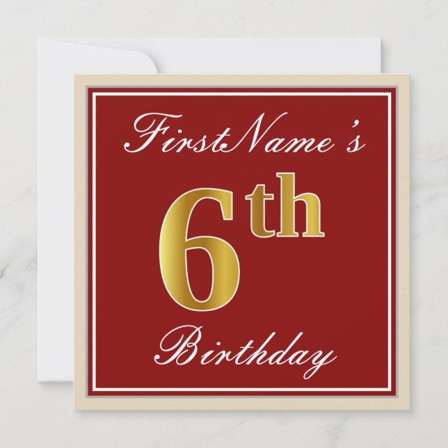 Elegant, Red, Faux Gold 6th Birthday + Custom Name Invitation (Front)