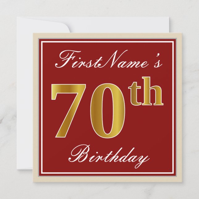 Elegant, Red, Faux Gold 70th Birthday; Custom Name Invitation (Front)