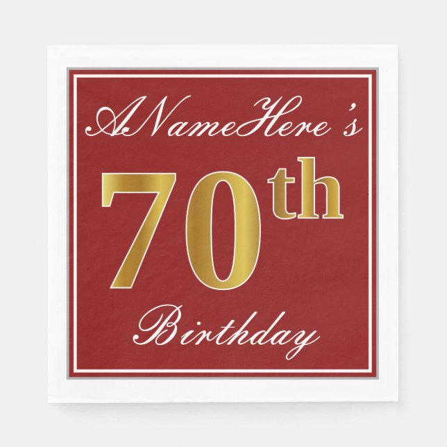 Elegant Red, Faux Gold 70th Birthday + Custom Name Napkin (Front)