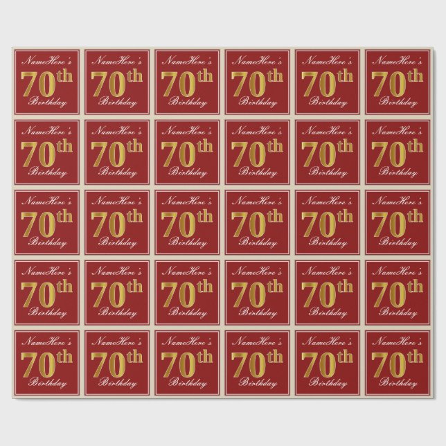 Elegant, Red, Faux Gold 70th Birthday; Custom Name Wrapping Paper (Flat)