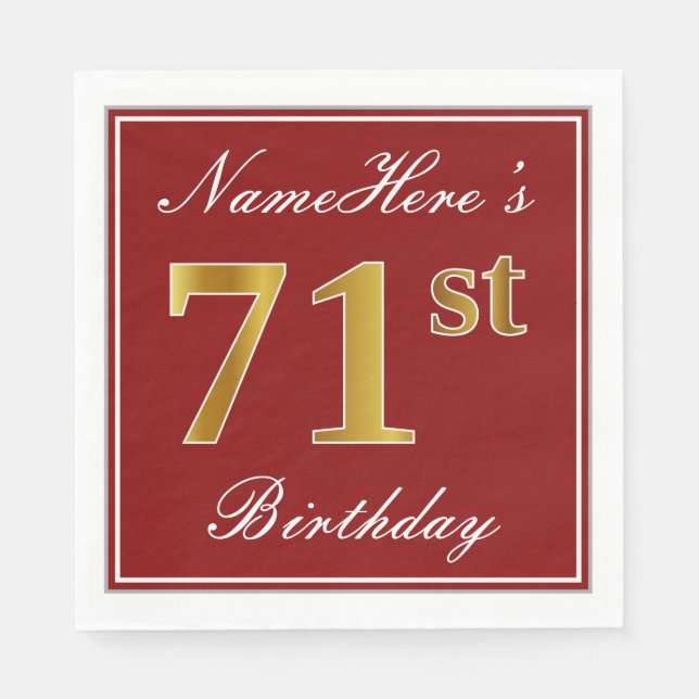 Elegant Red, Faux Gold 71st Birthday + Custom Name Napkin (Front)