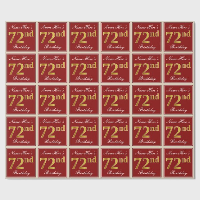 Elegant, Red, Faux Gold 72nd Birthday; Custom Name Wrapping Paper (Flat)