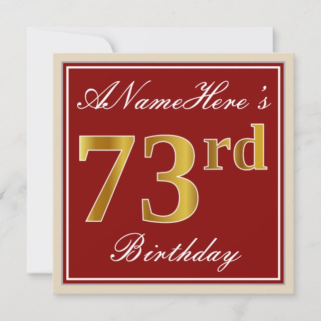 Elegant, Red, Faux Gold 73rd Birthday; Custom Name Invitation (Front)