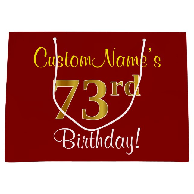 Elegant, Red, Faux Gold 73rd Birthday; Custom Name Large Gift Bag (Front)