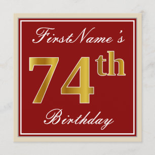 Elegant, Red, Faux Gold 74th Birthday; Custom Name Invitation