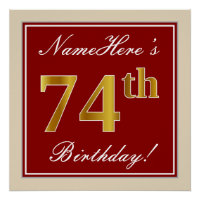 Elegant, Red, Faux Gold 74th Birthday; Custom Name