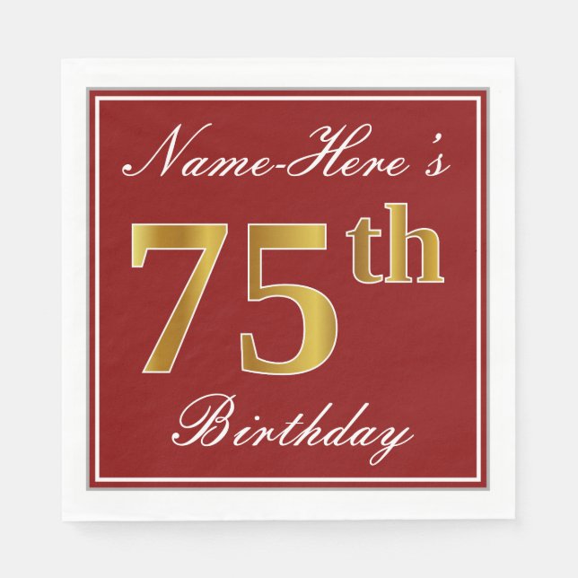 Elegant Red, Faux Gold 75th Birthday + Custom Name Napkin (Front)