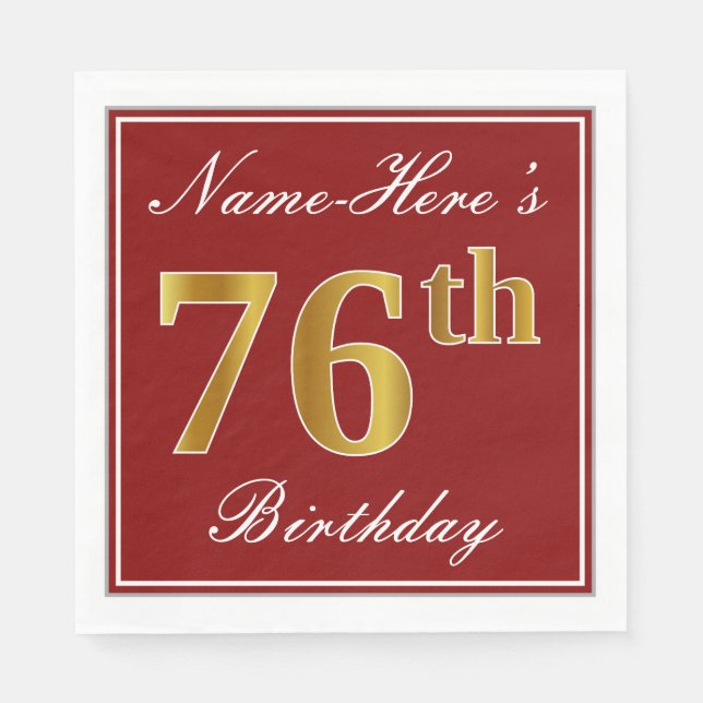 Elegant Red, Faux Gold 76th Birthday + Custom Name Napkin (Front)