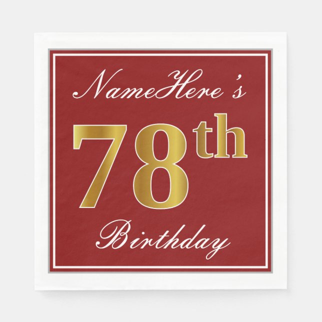 Elegant Red, Faux Gold 78th Birthday + Custom Name Napkin (Front)