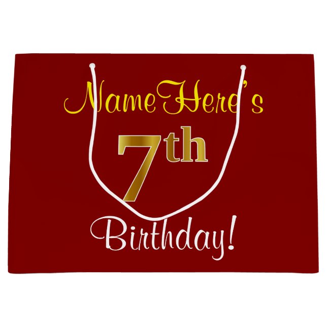 Elegant, Red, Faux Gold 7th Birthday + Custom Name Large Gift Bag (Front)