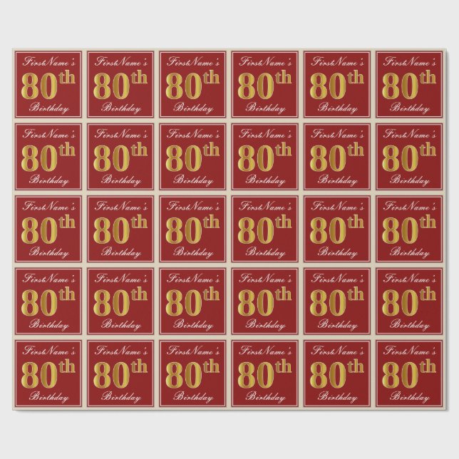 Elegant, Red, Faux Gold 80th Birthday; Custom Name Wrapping Paper (Flat)