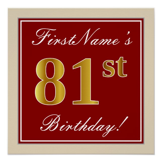 Elegant, Red, Faux Gold 81st Birthday; Custom Name Poster (Front)