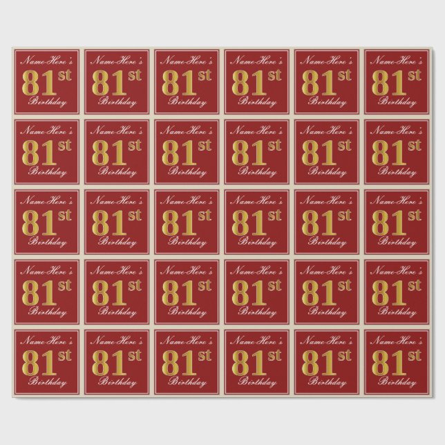 Elegant, Red, Faux Gold 81st Birthday; Custom Name Wrapping Paper (Flat)