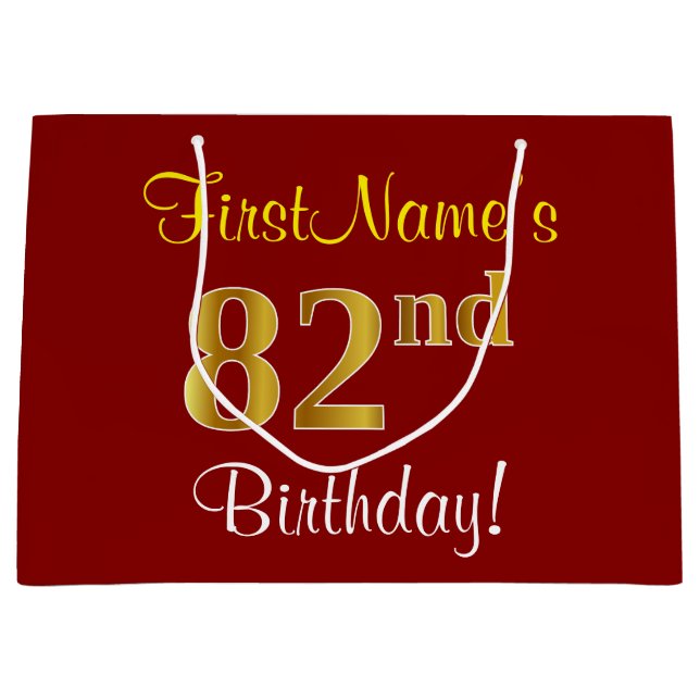 Elegant, Red, Faux Gold 82nd Birthday; Custom Name Large Gift Bag (Front)