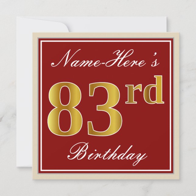 Elegant, Red, Faux Gold 83rd Birthday; Custom Name Invitation (Front)