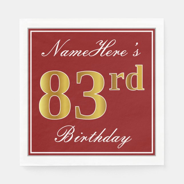 Elegant Red, Faux Gold 83rd Birthday + Custom Name Napkin (Front)